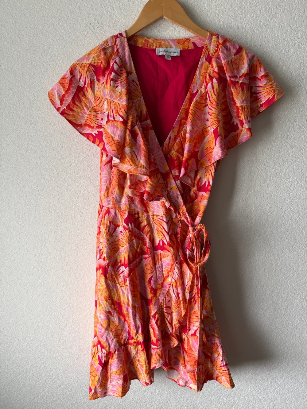 Gibson Latimer Tropical Wrap Dress Pink Orange Palm Print Ruffle Mini Size S